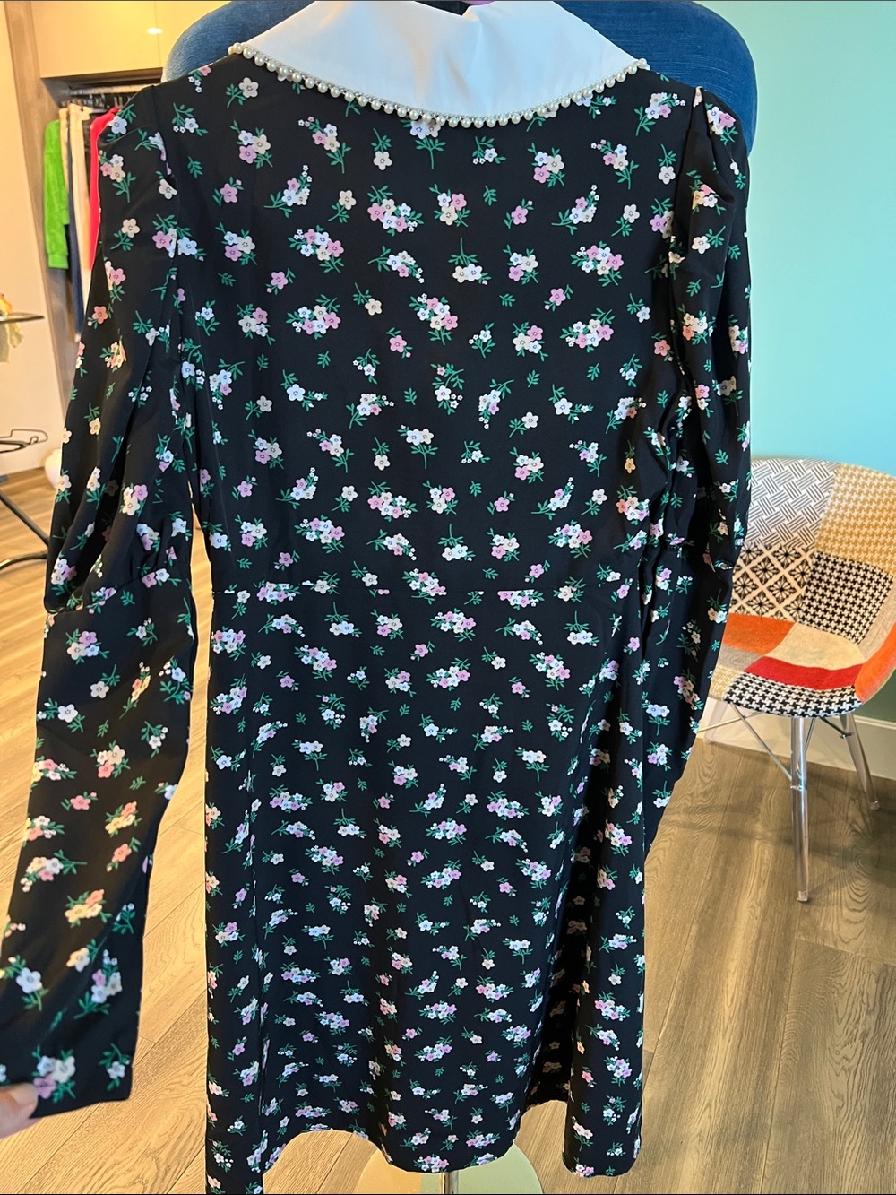 Black Floral Button-Front Dress with White Peter Pan Collar - Picture 2 of 5